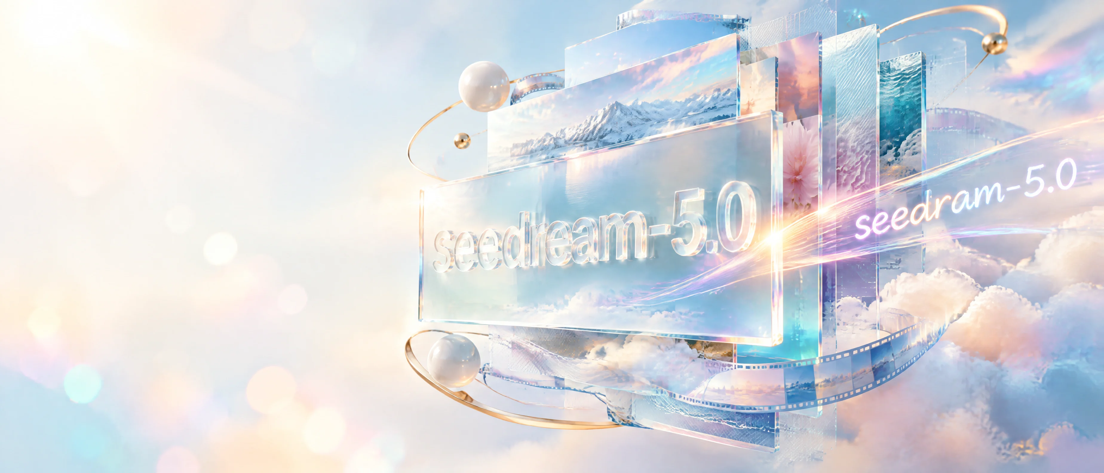 seedream-5.0 详情页 21:9 宽幅 Hero 图：左侧暖奶油光晕留白，右侧层叠玻璃浮卡与虹彩胶片带，seedream-5.0 发光立体字刻于玻璃上，冷青蓝、珊瑚粉与薰衣草渐层。