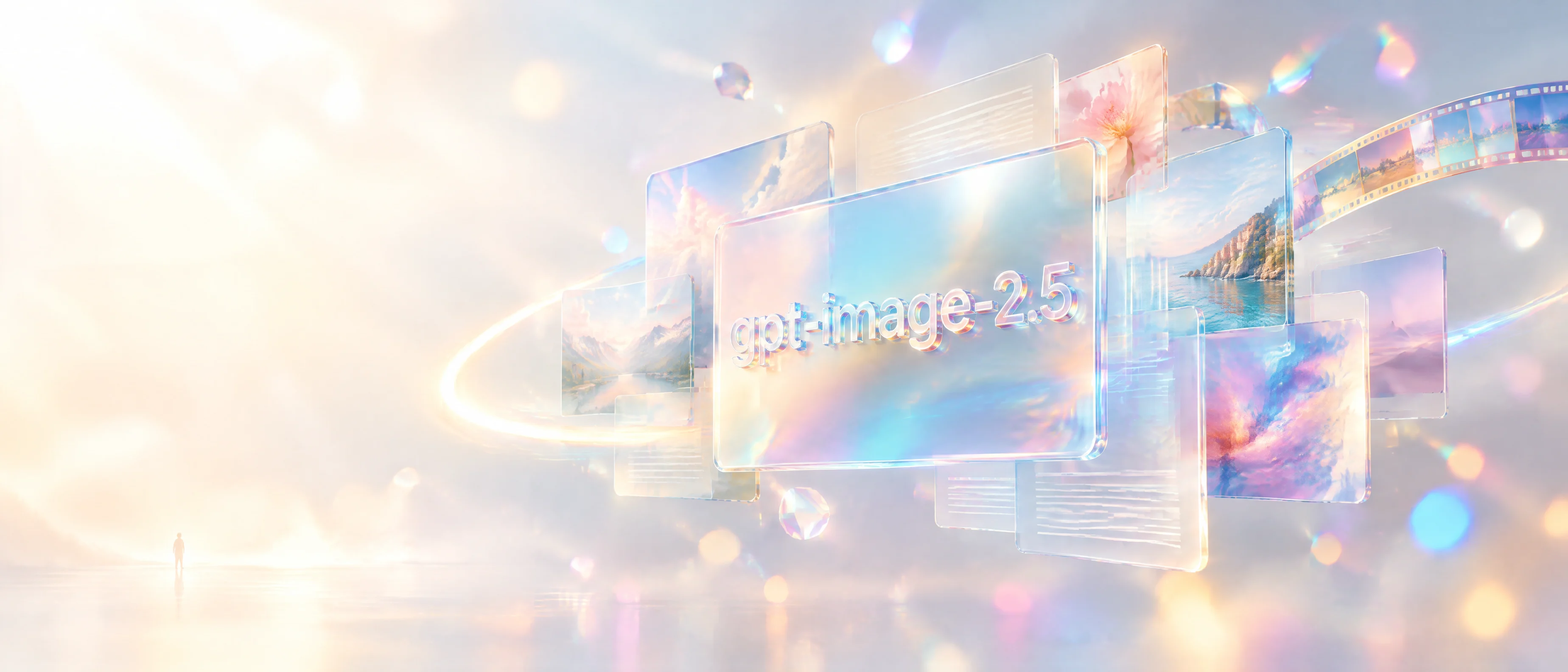 gpt-image-2.5-flare 详情页 Hero 图：左侧明亮光晕留白，右侧漂浮半透明玻璃画板与光轨，冰蓝、珊瑚粉、薰衣草紫渐变，玻璃上以发光立体字呈现模型名。