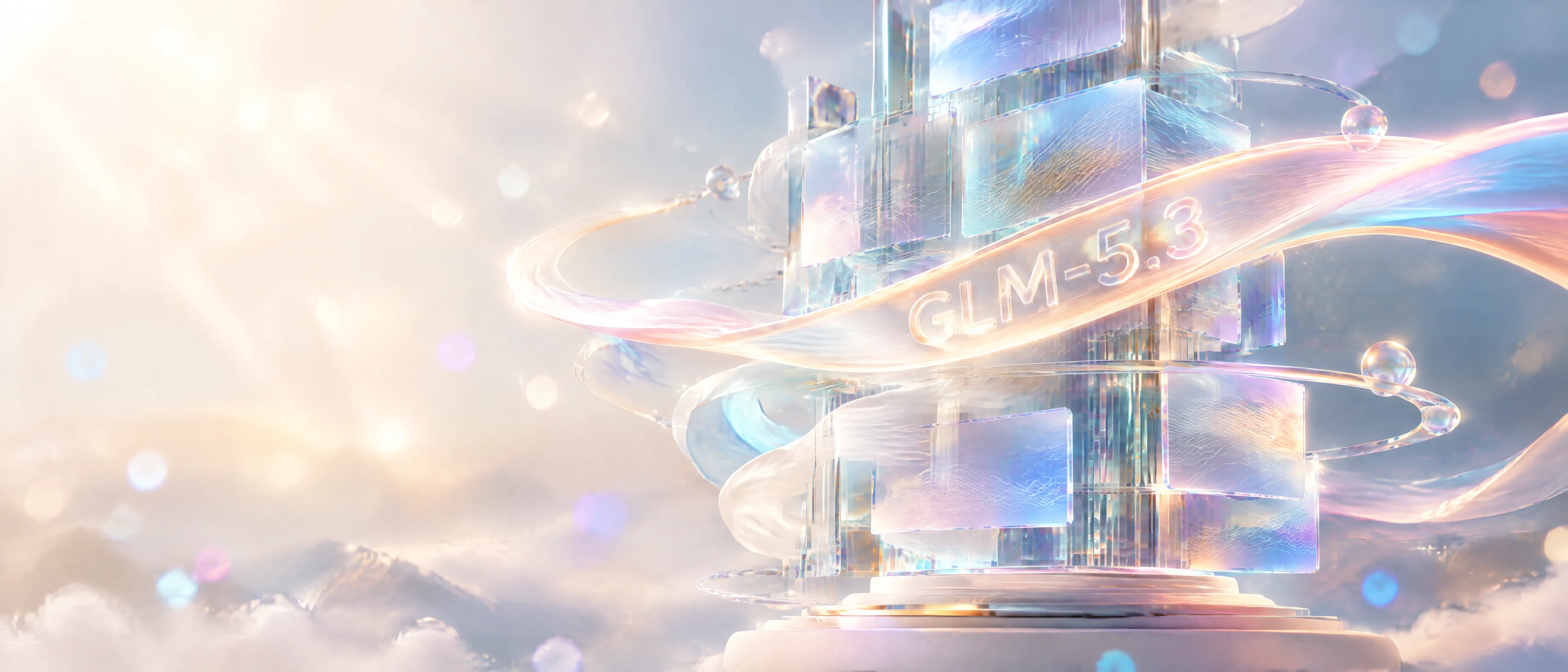 glm-5.3 详情页 Hero 图：21:9 宽幅，左侧柔光留白，右侧半透明玻璃代码面板与光带延展，虹彩冷调配奶油色，GLM-5.3 以发光玻璃蚀刻字入画。