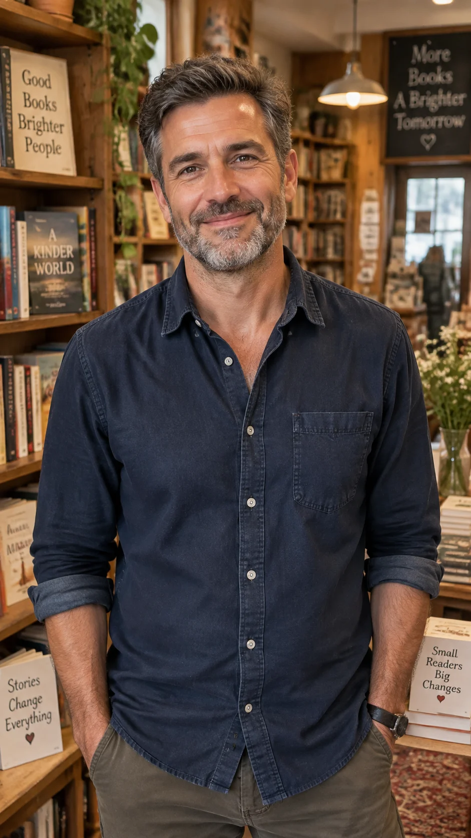 Reference image: presenter in a bookshop