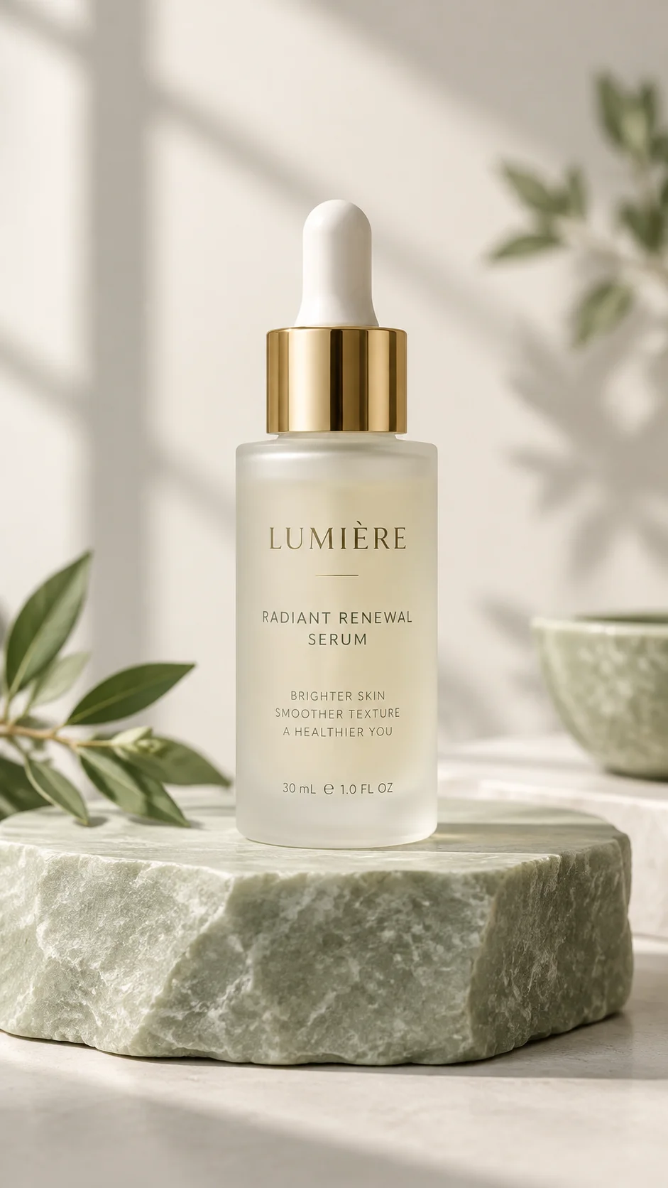 Reference image: frosted glass serum bottle on a stone pedestal