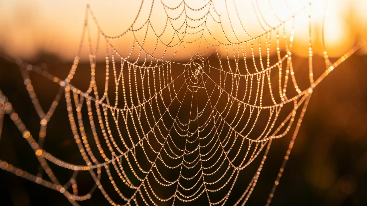 Dew-covered web at sunrise · 16:9